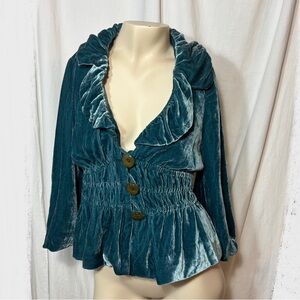 SOLD Anthropologie Elevenses women’s teal blue green velvet button jacket silk 4